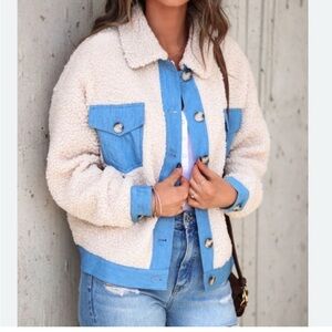 LUSH Sherpa Denim Jacket Cream Teddy Fleece Button Up Oversized Cozy L